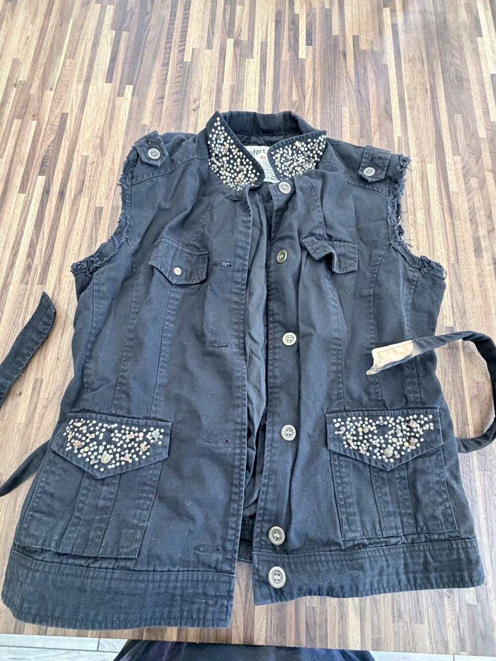 Comfort Denim Black Rhinestone Studded Utility Vest Belted Sleeveless Size XL